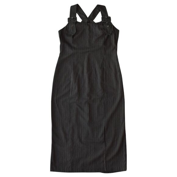 Vintage Dresses & Skirts - Vintage Black Pinstripe Sheath Dress with Buckled Straps - Size ML
